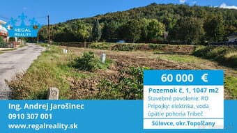 Predaný: POZEMOK č. 1, 1047 m2, Súlovce ,okr. TO